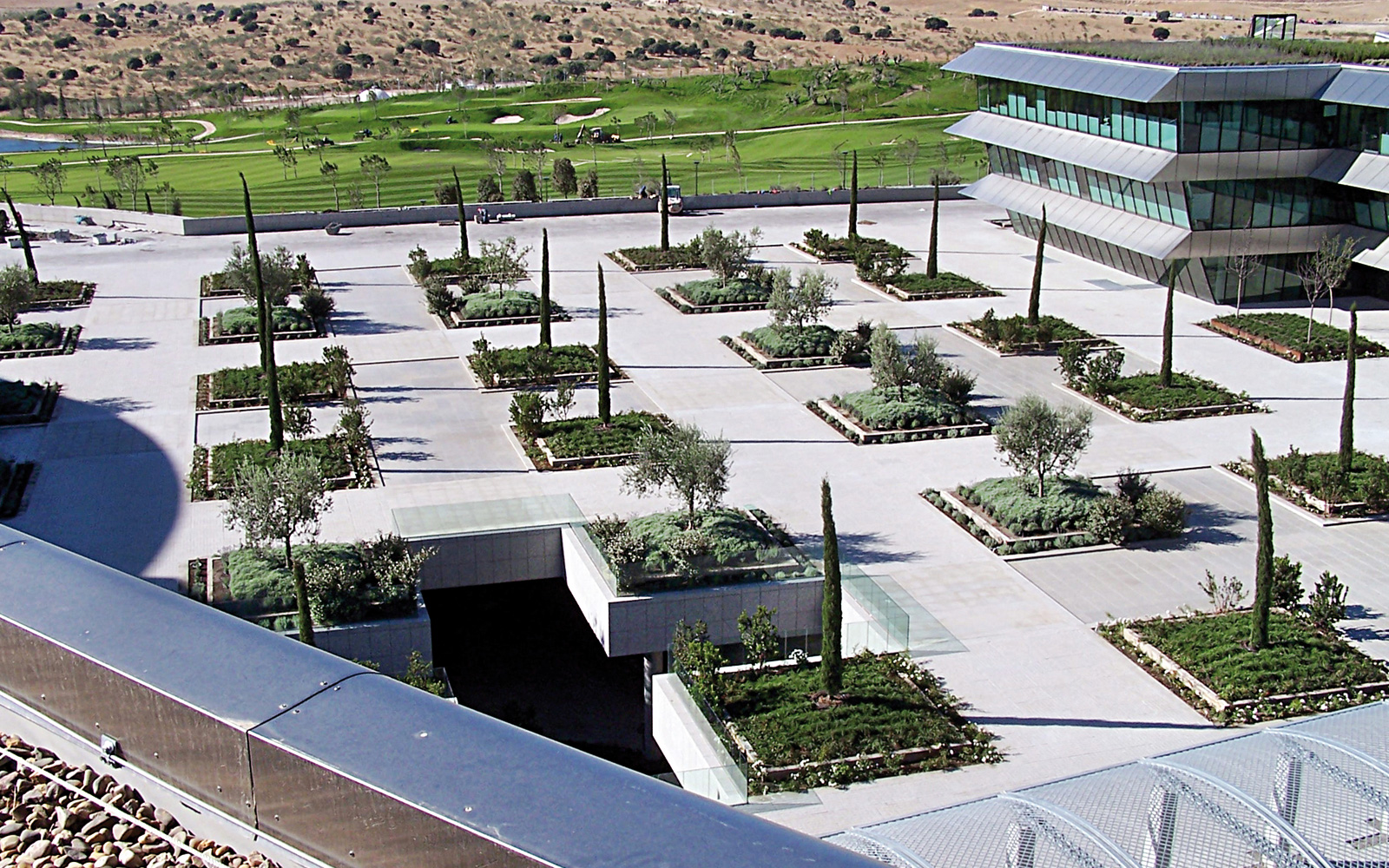 Green roof with trees and walkways