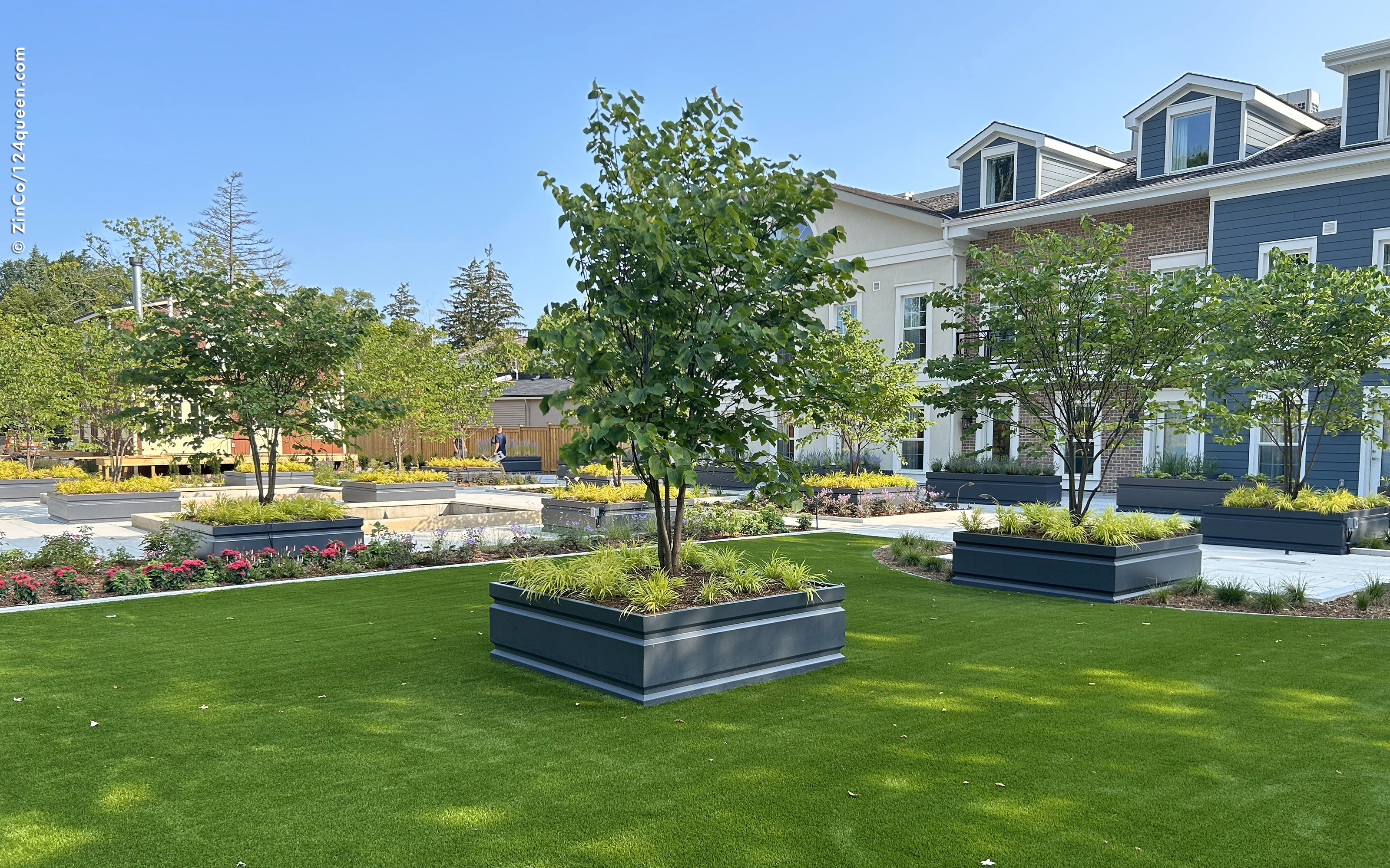 Lawn with raised plant beds