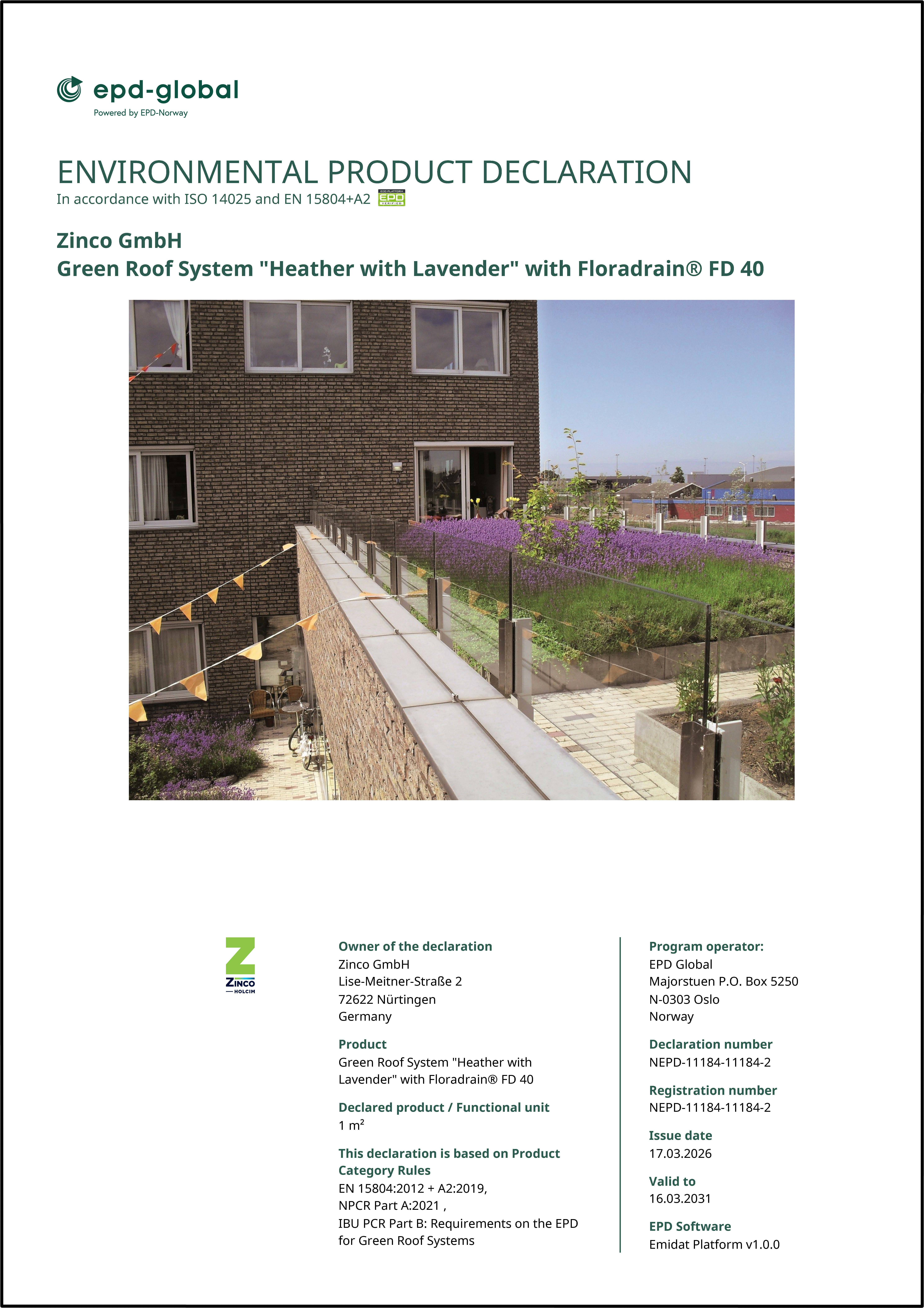 EPD Zinco green roof system "Heather with Lavender"