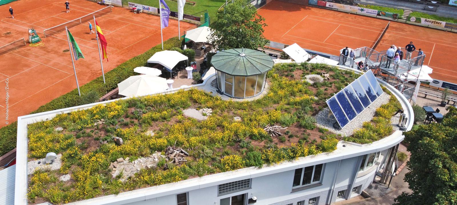 Tennis court with a green roof