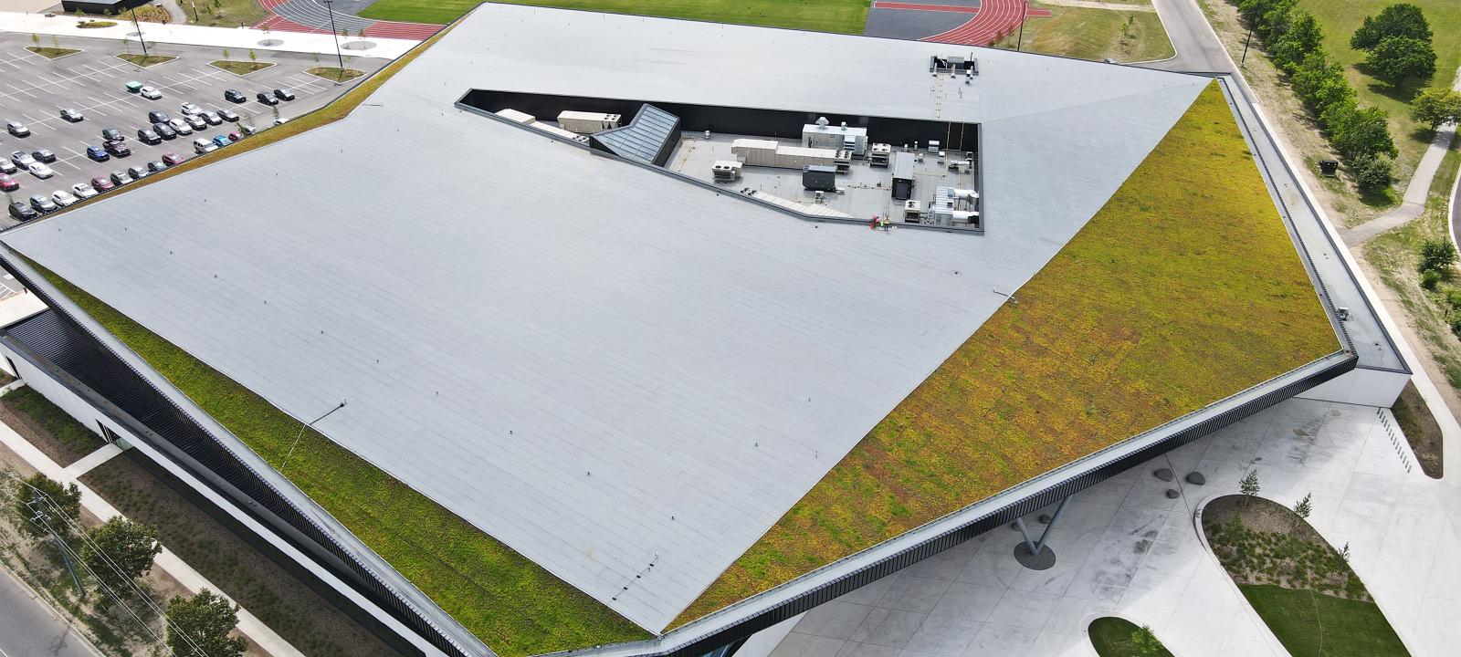 Pitched green roof from bird's eye view