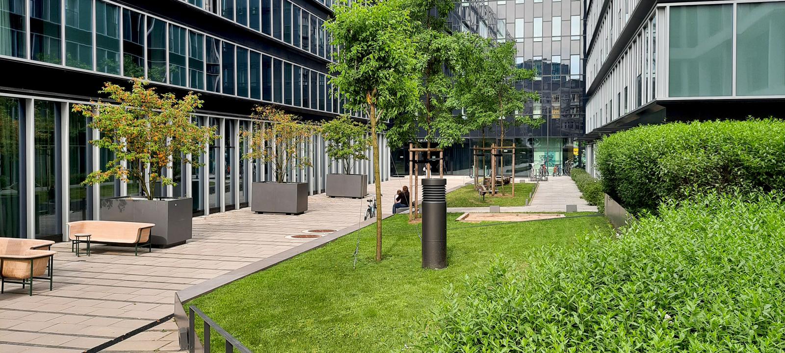 Walkways and green spaces on top of an underground garage