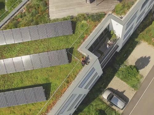 Aerial view of a green roof with photovoltaics