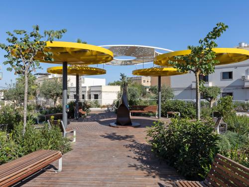 Roof garden with wooden podium and yellow canopies