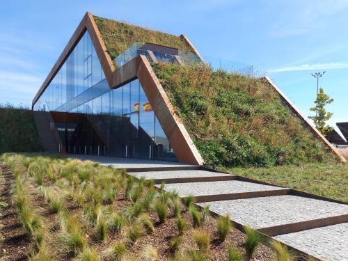 Steep pitched green roof with a step