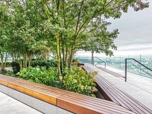 Roof garden with wooden benches