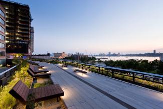 The High Line with wooden loungers at night