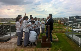 Cookery school students on the roof