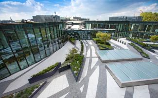 Courtyard with skylights, planters and paved areas