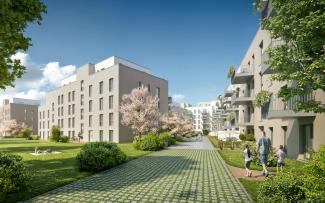 Anything is possible in terms of landscape design: A wide variety of green areas, pathways and driveways are planned for the ““Stormwater Management Green Roof” over the underground garage. © Schmeing Bau GmbH Residential buildings with green courtyard