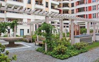 Courtyard with water feature, benches and trellis with climbing plants