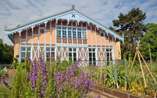 Vegetable and herb plots in front of a historic building