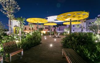 Illuminated roof garden at night