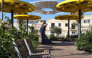 Roof garden with circular parasols