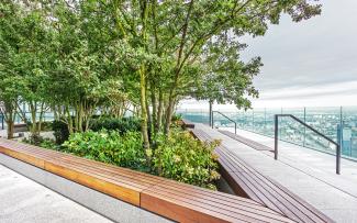 Roof garden with wooden benches