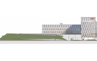 The greened events hall at LiUNA is the architectural eye-catcher of the building complex. © Diamond Schmitt Architects Architectural drawing