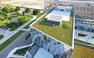 The roof of the three-storey wing of the office buildings is also accessible to all. Green roof on an office building