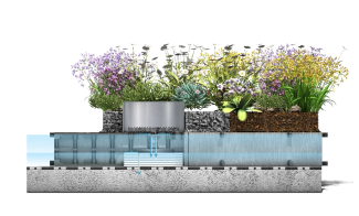 The water accumulated in the lower area of the ”HydroSpacer HS 170” remains on the roof and is therefore available to the plants for a longer period of time. When it rains, the upper area will fill temporarily. This water then drains off through the retention run-off limiter at a slower rate. Water accumulation in the HydroSpacer