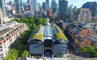 Building with green barrel roofs